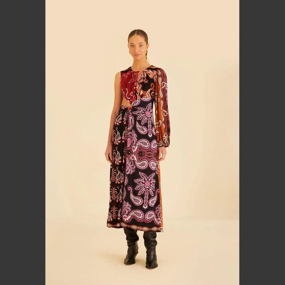 Farm Rio: Sweet Mermaids One Shoulder Maxi Patchwork Cut Out Dress - Picture 2 of 9